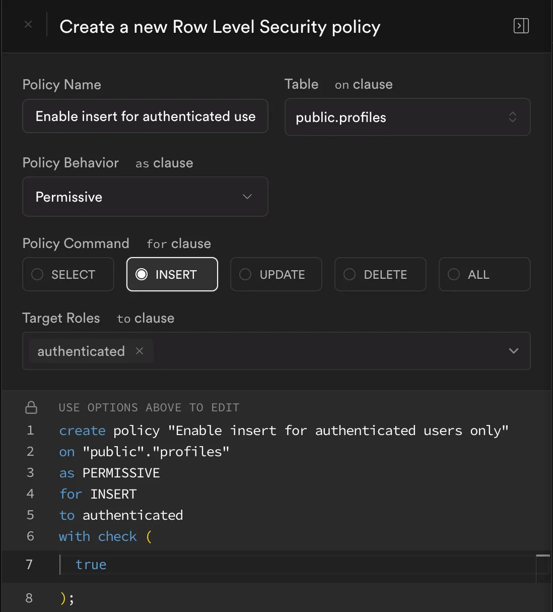 Insert Policy Screenshot